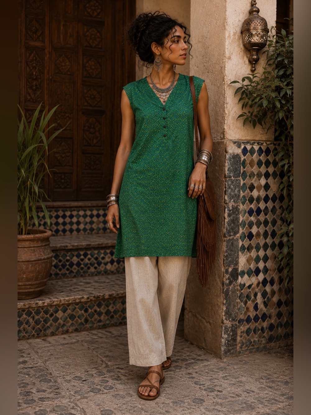 Avaasa Green Cotton Boho Kurta Tunic Top XS Indian Print